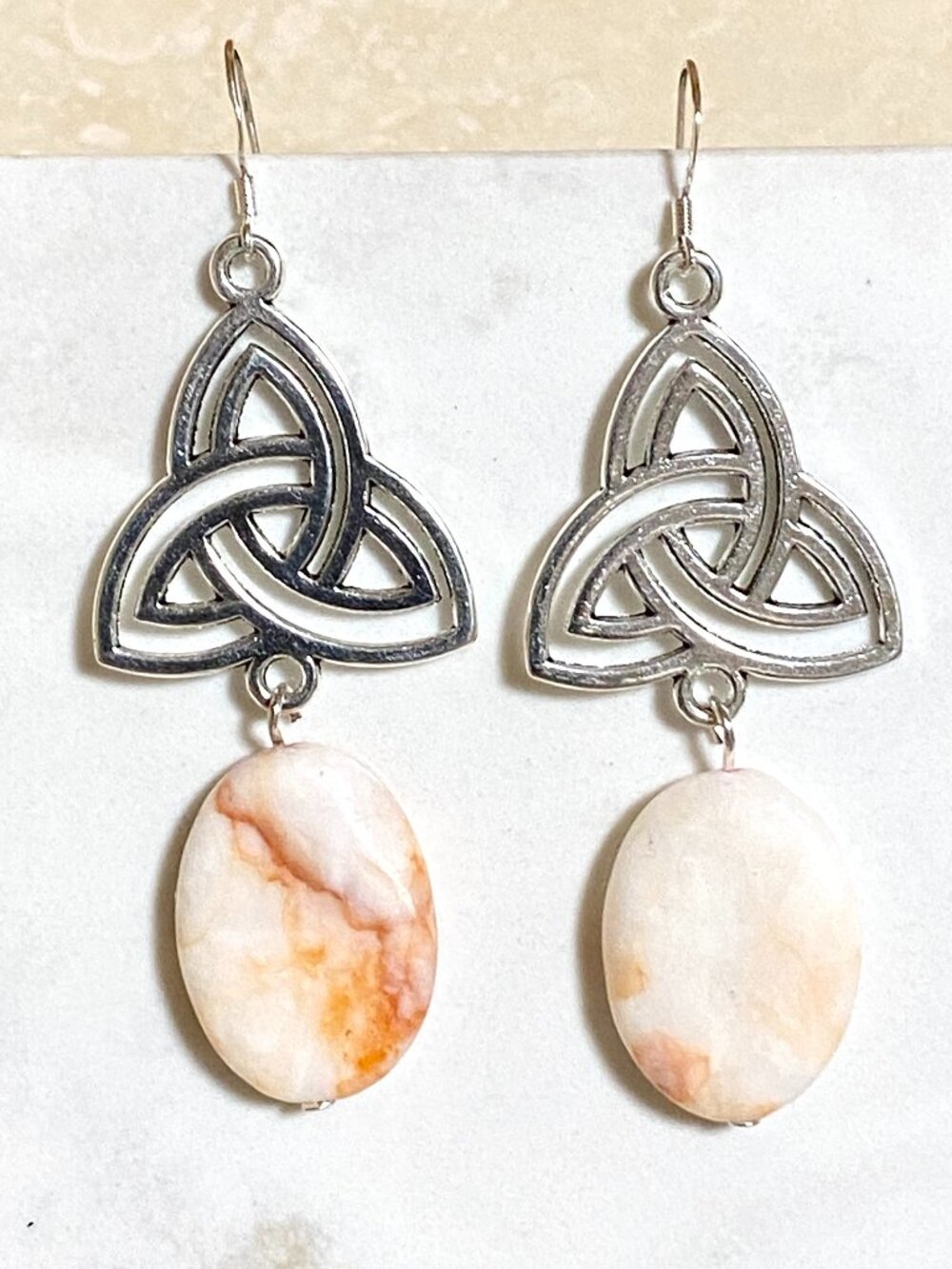 2/$20,Red Vein White Marble Triqueta Dangle Earrings, Gemstone & 925 Silver Hook